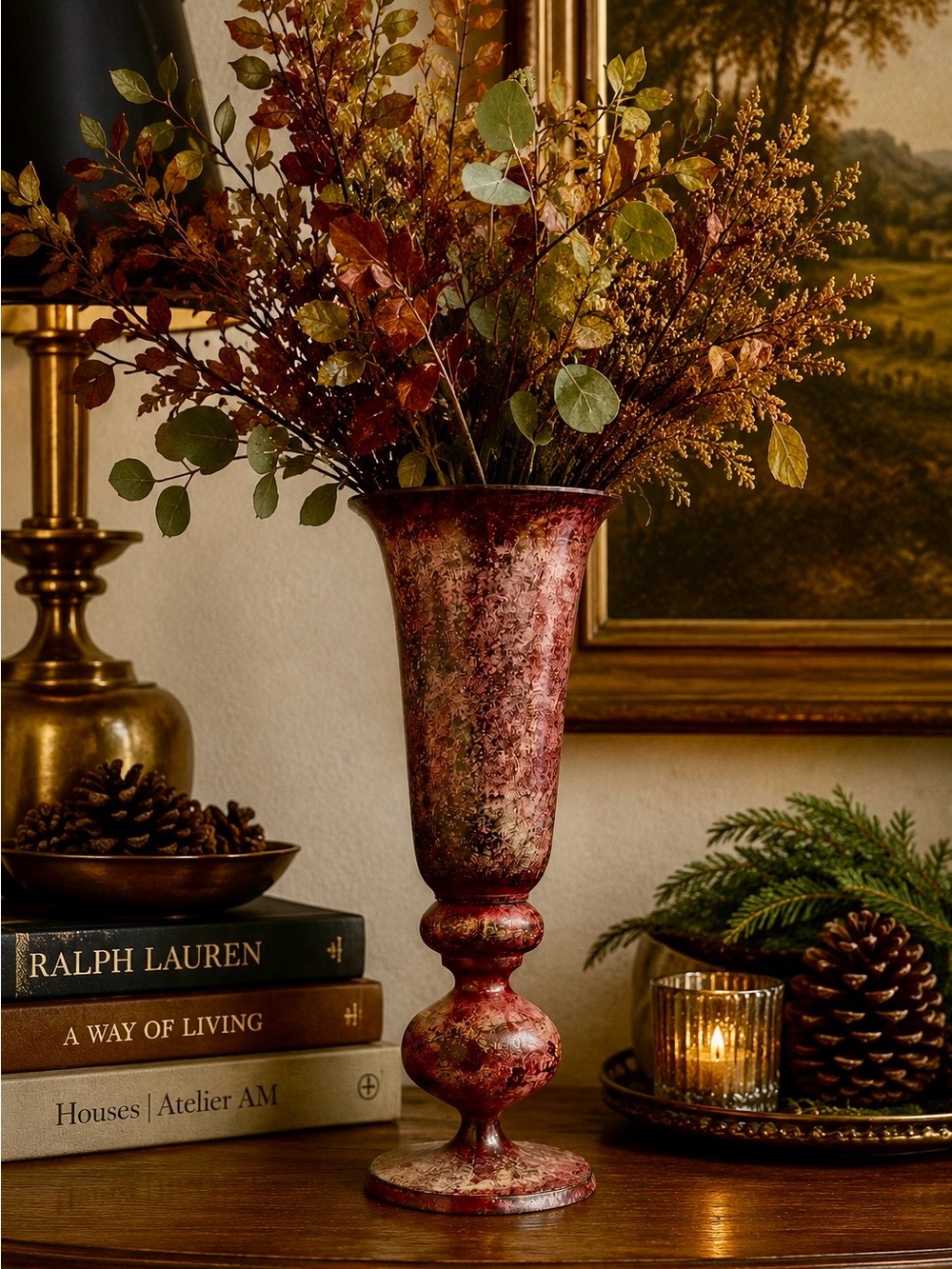 Vintage Distressed Metal Urn Pedestal Vase | Burgundy Gold Patina 9.75â